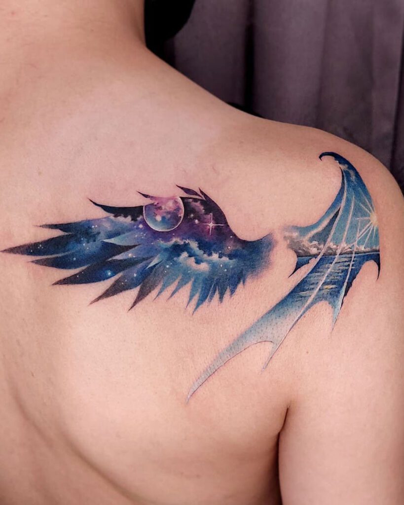 Detailed Bat Wing Tattoo Design For Shoulders