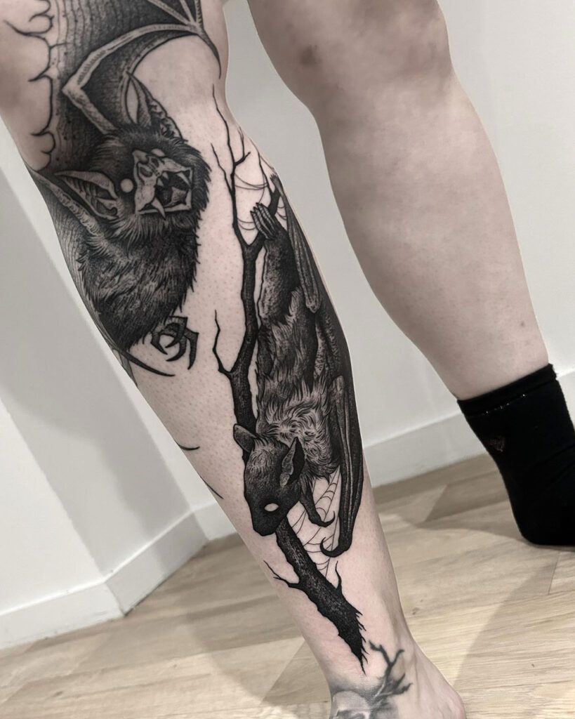 Unique Bat Tattoo On The Leg