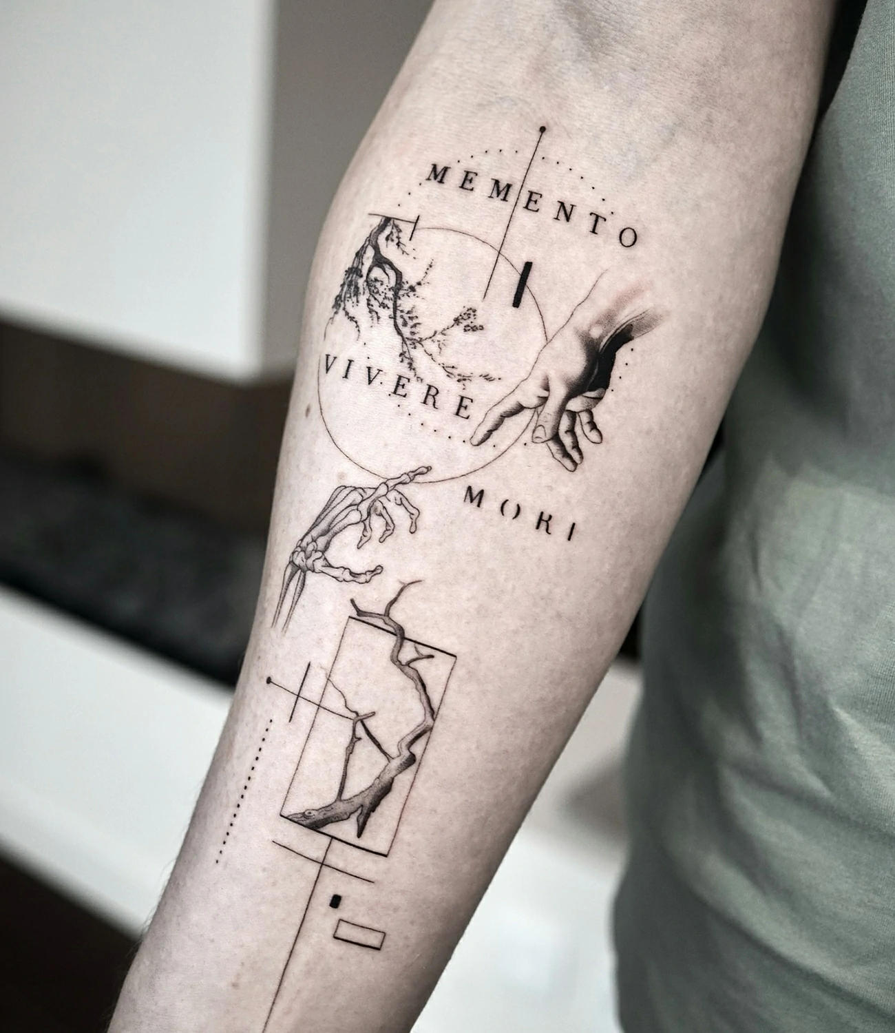 forearm memento mori tattoo: A detailed description of a "memento mori" tattoo designed specifically for placement on the forearm, possibly wrapping around the arm.