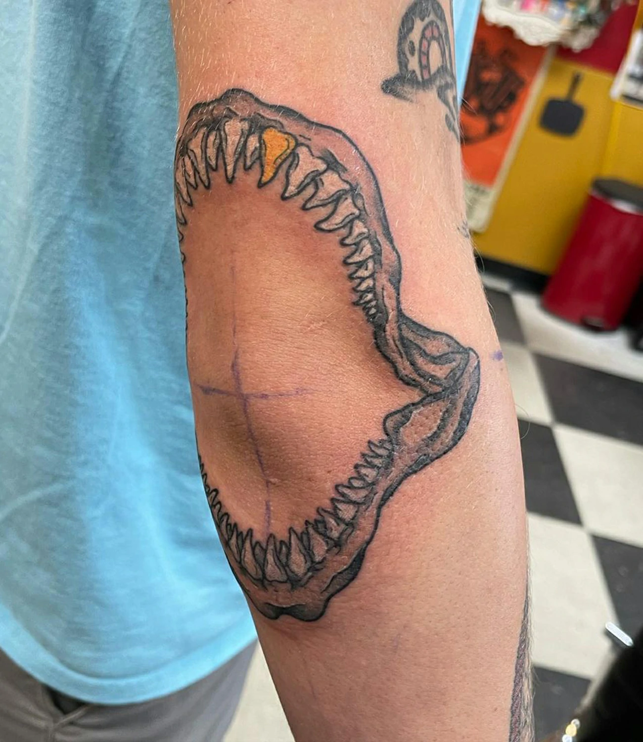 Shark Jaw Elbow Tattoo