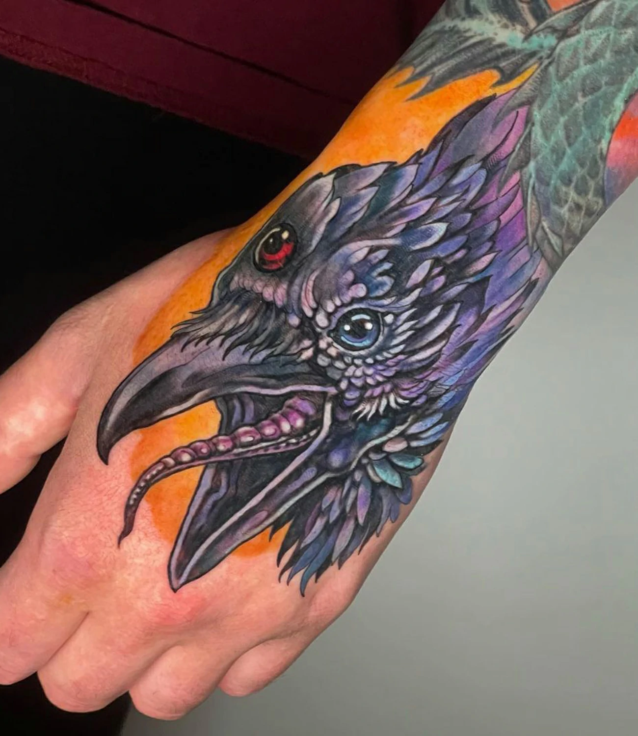 Three-eyed raven tattoo: A mystical tattoo of a raven with three eyes.