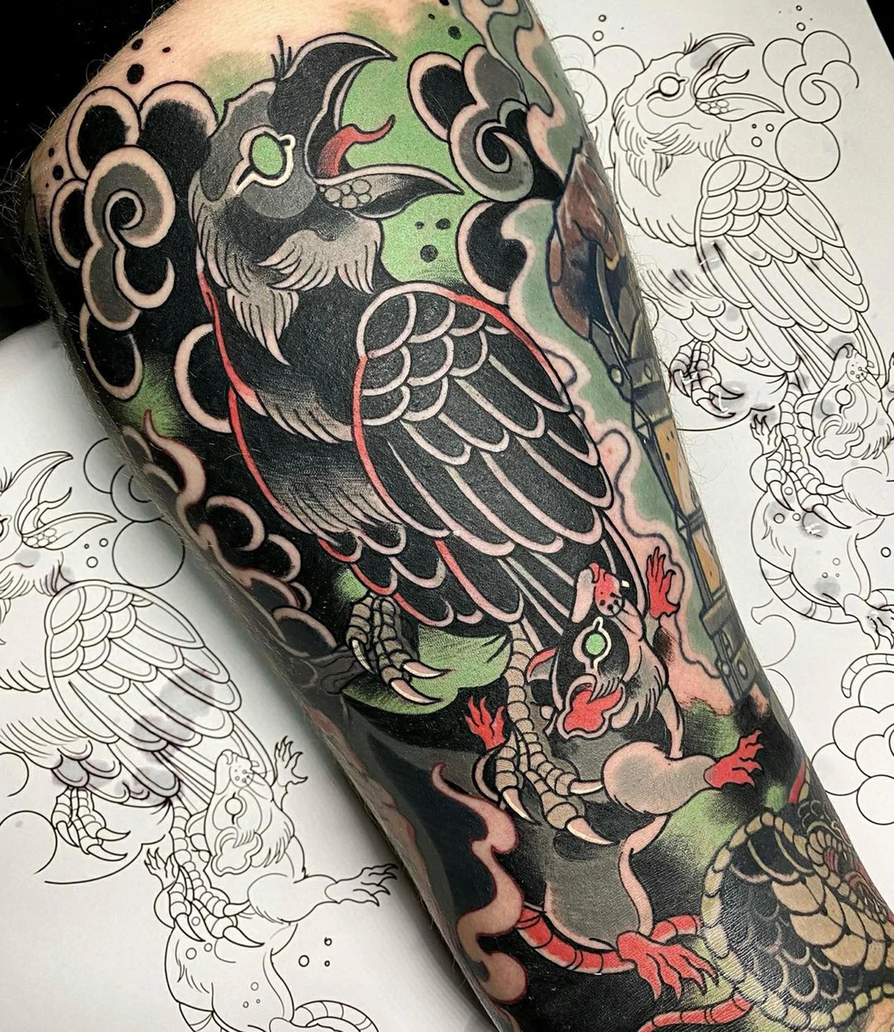 Japanese raven tattoo: A raven tattoo incorporating elements of Japanese art and symbolism.