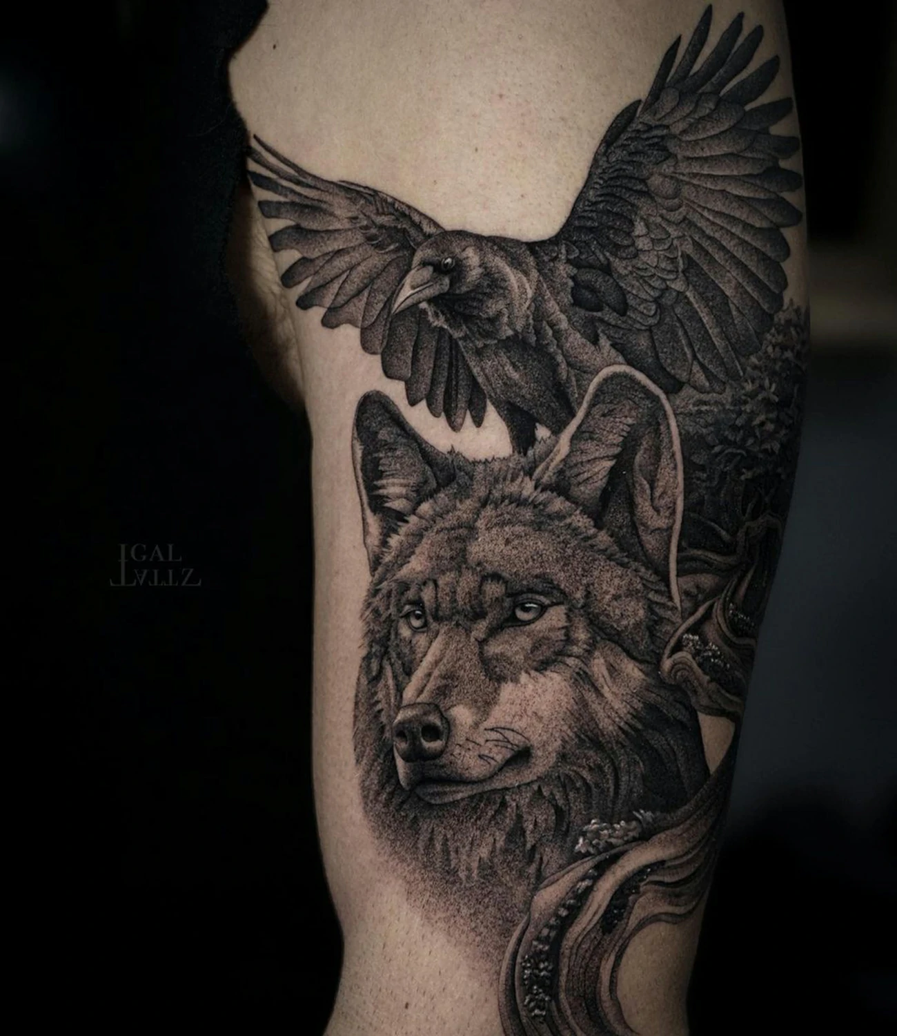 Wolf and raven tattoo: A tattoo featuring both a wolf and a raven, symbolizing duality.