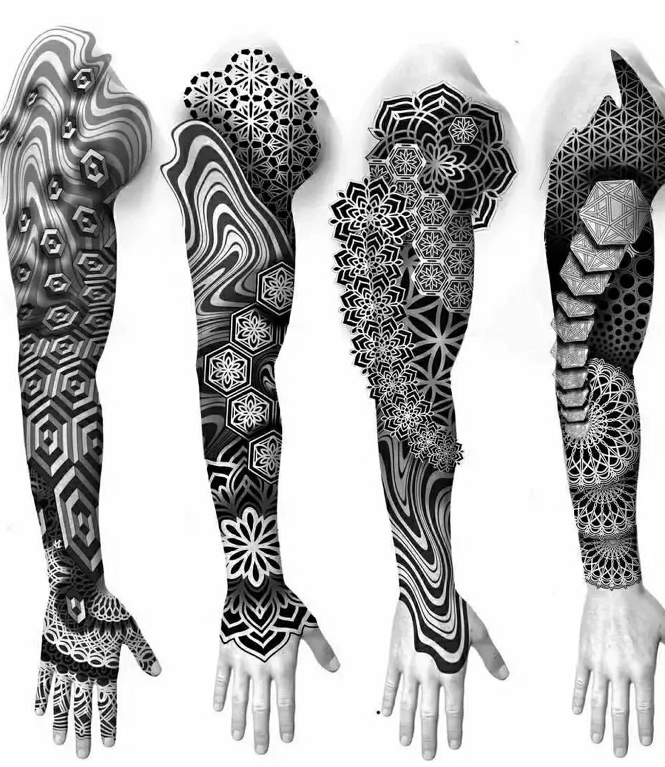 Sleeve Geometric Tattoo Stencil: Sleeve geometric tattoo stencils provide precise outlines for creating interconnected shapes and patterns that cover the entire arm.