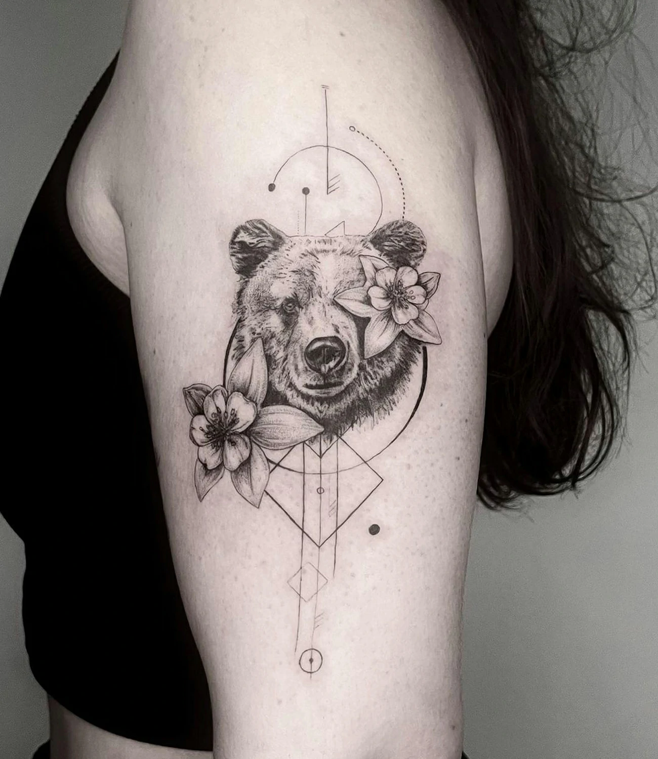 Geometric Bear Tattoo: Geometric bear tattoos blend the powerful image of a bear with geometric shapes, symbolizing strength and courage
